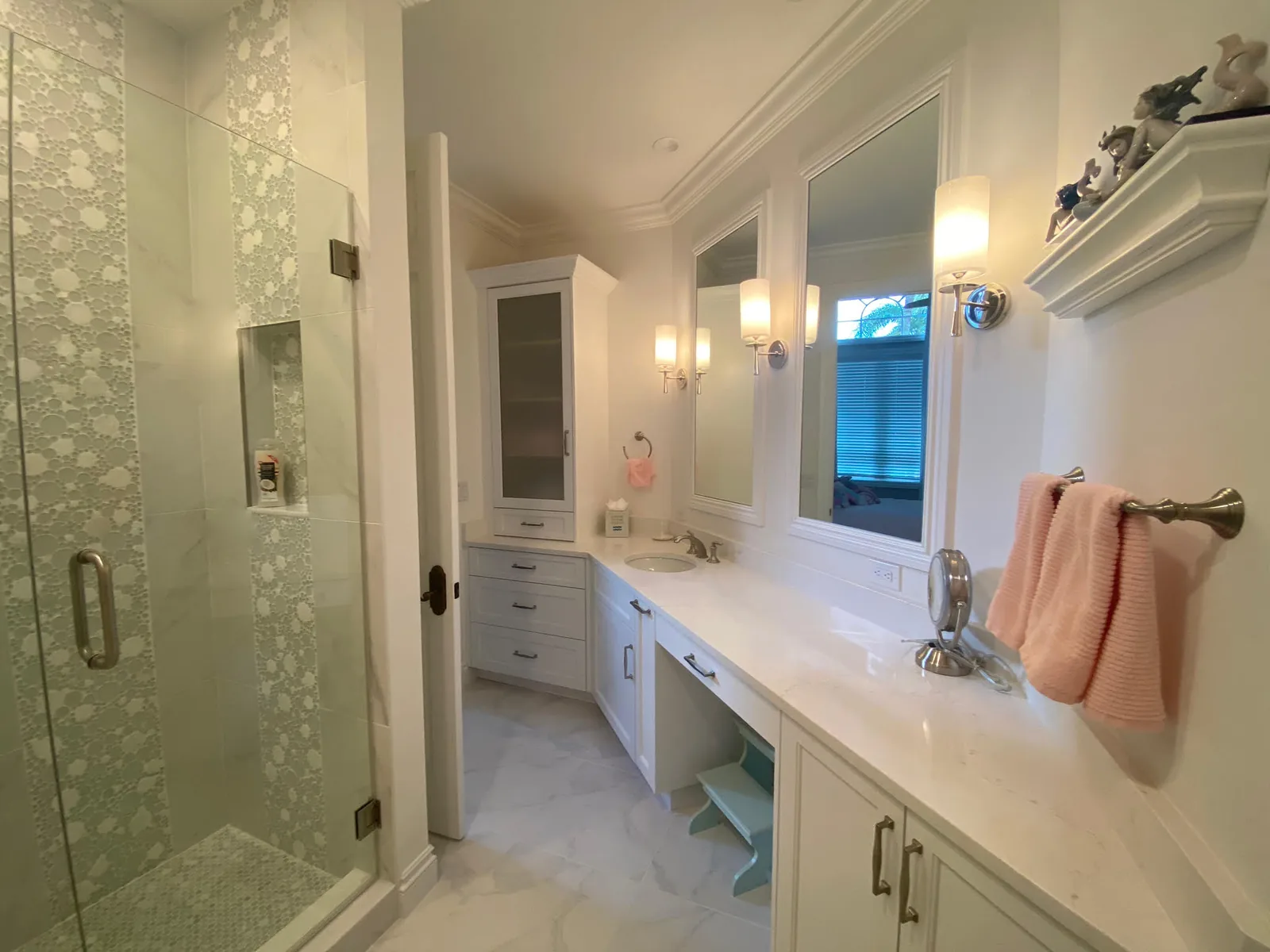 Bath with a frameless glass shower and long vanity — Loxahatchee Club, Jupiter, FL