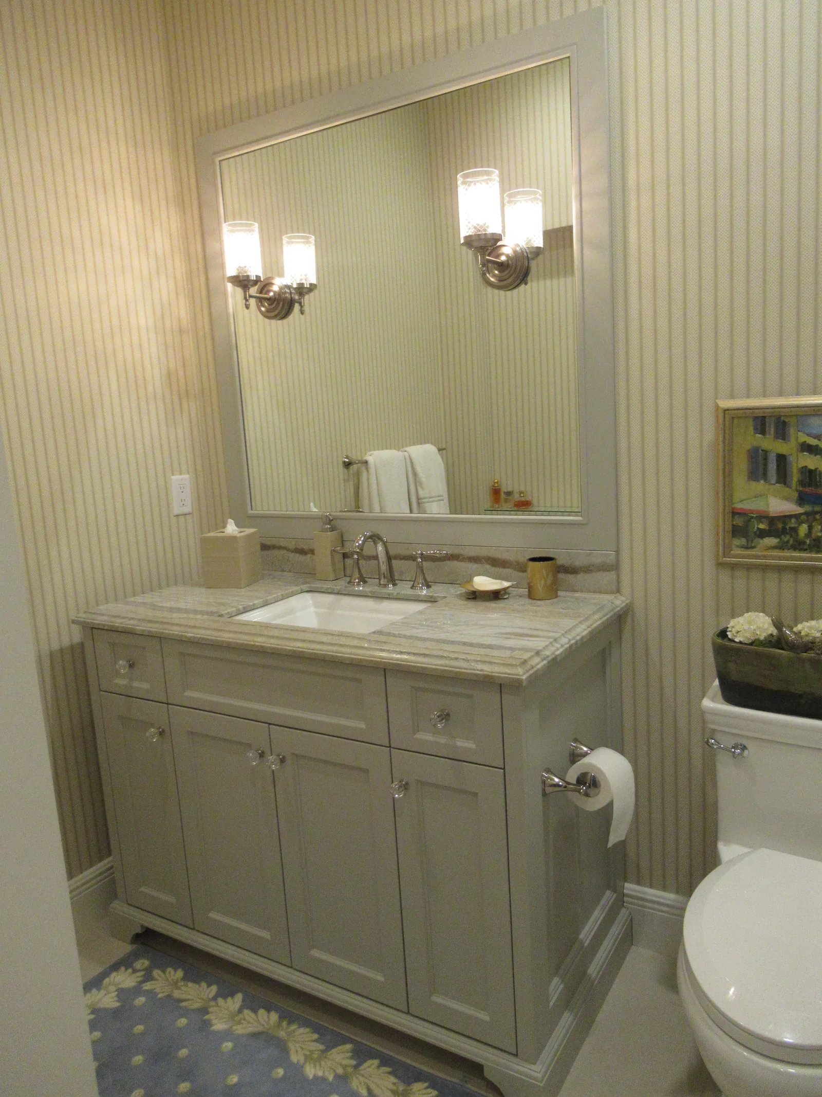 Bath vanity with sconces and striped wallpaper — Loxahatchee Club, Jupiter, FL