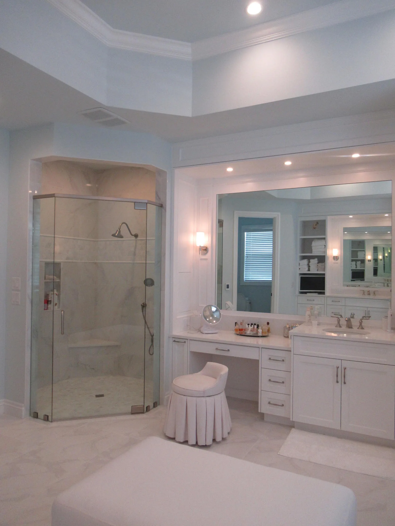 Master bath with marble floors and a glass shower — Loxahatchee Club, Jupiter, FL