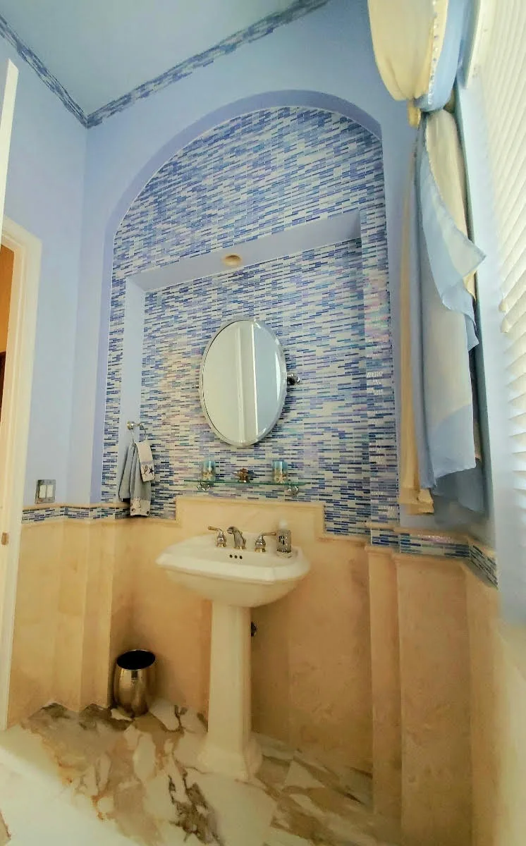 Powder bath with blue mosaic tile and a pedestal sink — Olympia, Wellington, FL