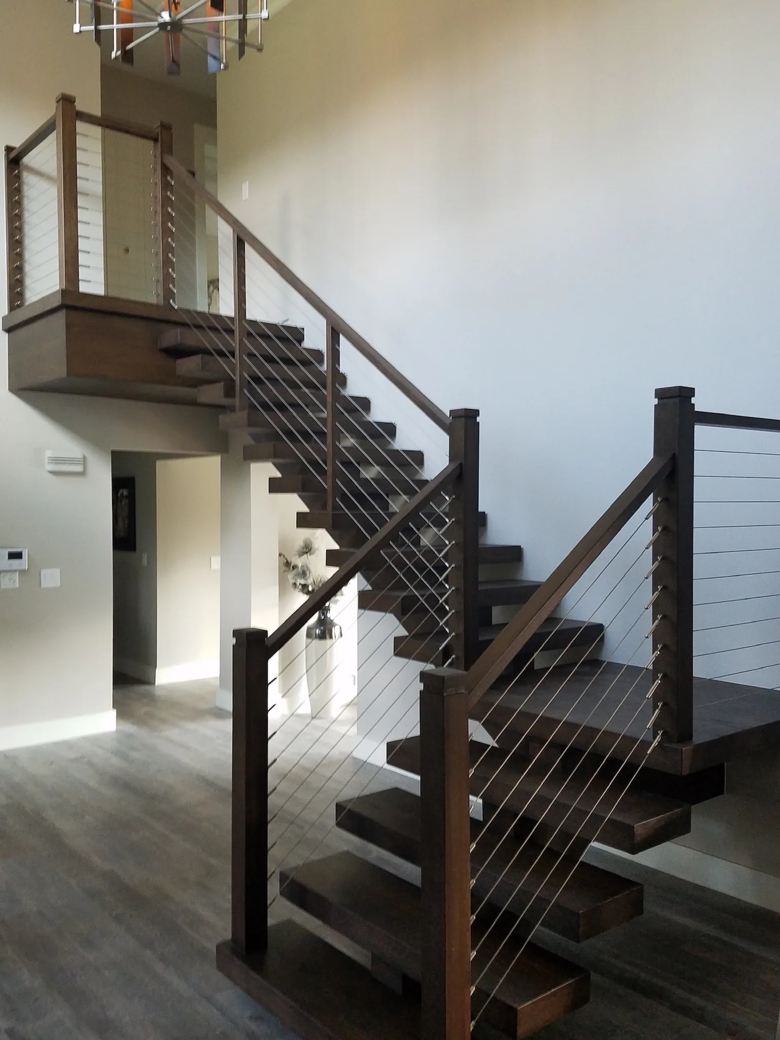 Staircase with cable railing and wood treads — Caloosa, Palm Beach Gardens, FL