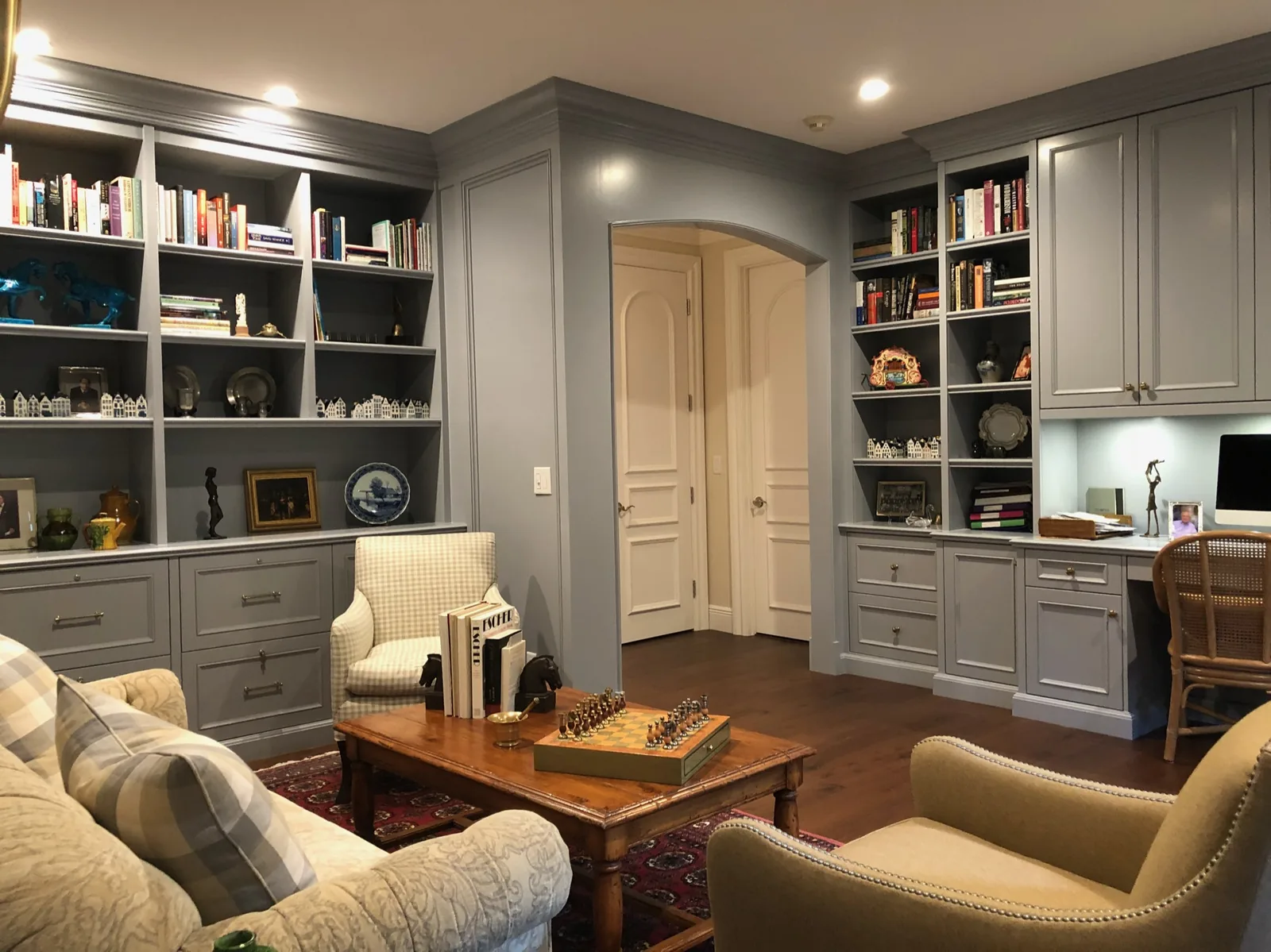Study with gray painted built-ins and a desk alcove — Loxahatchee Club, Jupiter, FL